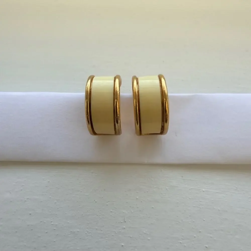 Orena Vintage Clip-On Gold Tone Cream Enamel Polished‎ Half-Hoop Earrings 1970s